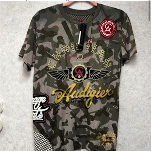 Christian Audigier Shirt Mens Small Patches Studs Olive Green NEW Camo